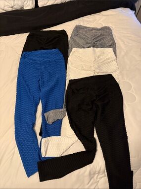 Textured High-Waist Leggings - Blue, Black, Gray, White